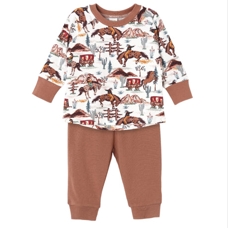 Children's pajama set with western-themed print on a white background