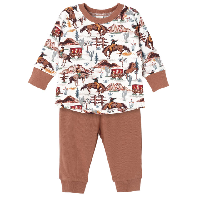 Children's pajama set with western-themed print on a white background