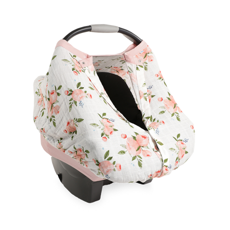 Cotton Muslin Car Seat Canopy - Watercolor Roses - HoneyBug 