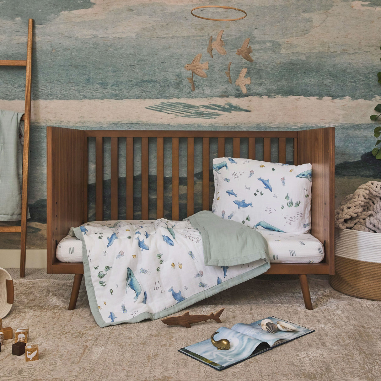 Cotton Muslin Toddler Comforter - Whales - HoneyBug 