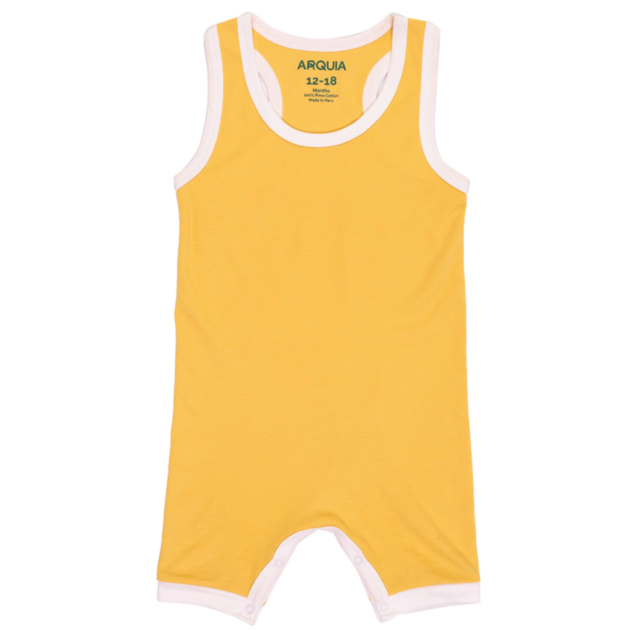 100% Peruvian Pima Cotton Misted Yellow with White Sleeveles Summer Romper - HoneyBug 