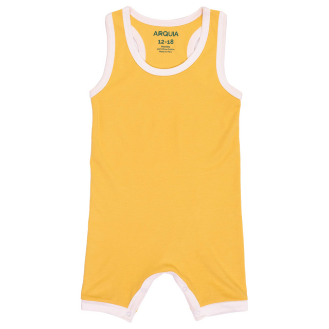 100% Peruvian Pima Cotton Misted Yellow with White Sleeveles Summer Romper - HoneyBug 