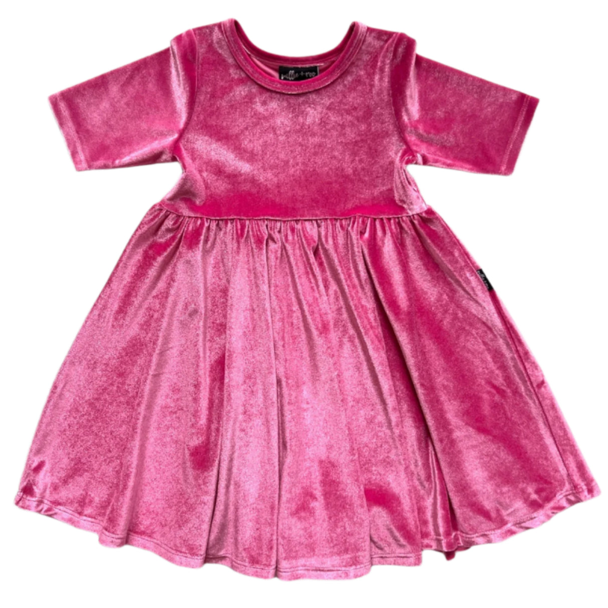 VELVET MID SLEEVE TWIRL- Pink Opal (Hot Pink) Stretch Velvet Twirl Dress - HoneyBug 