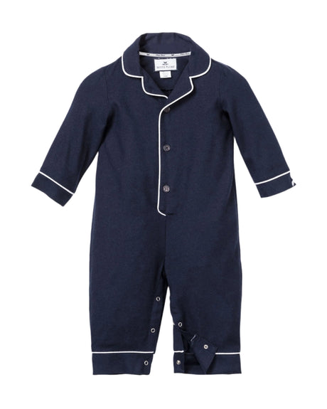 Baby's Flannel Romper in Navy with White Piping - HoneyBug 