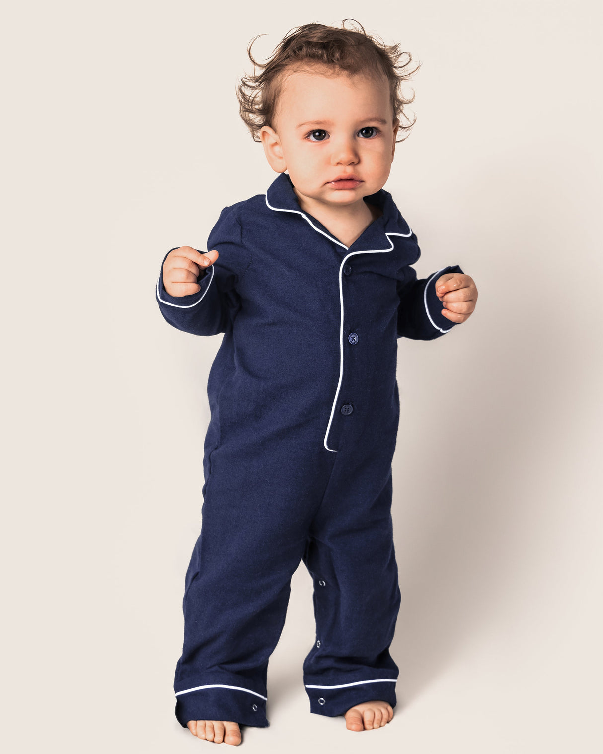 Baby's Flannel Romper in Navy with White Piping - HoneyBug 