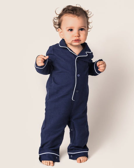 Baby's Flannel Romper in Navy with White Piping - HoneyBug 