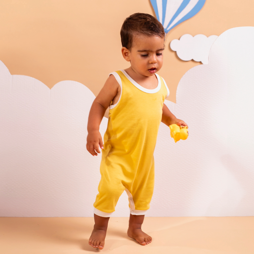 100% Peruvian Pima Cotton Misted Yellow with White Sleeveles Summer Romper - HoneyBug 