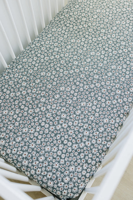 Dark Green Daisy Bamboo Stretch Crib Sheet - HoneyBug 