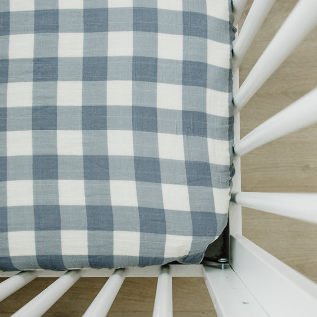 Dusty Blue Gingham Muslin Crib Sheet - HoneyBug 