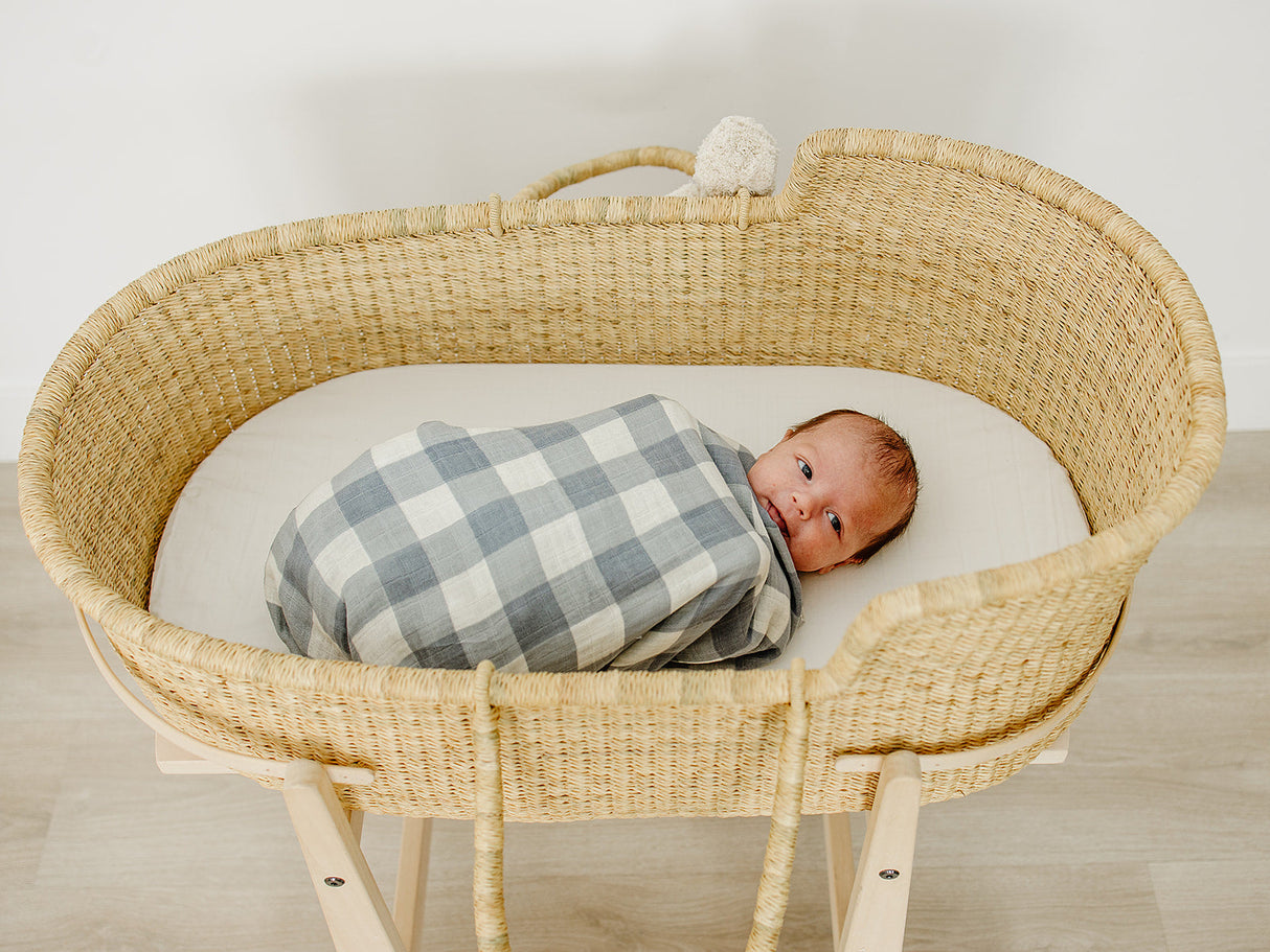 Dusty Blue Gingham Muslin Swaddle Blanket - HoneyBug 