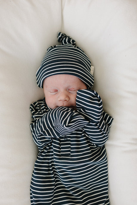 Navy Stripes Ribbed Bamboo Newborn Knot Hat - HoneyBug 