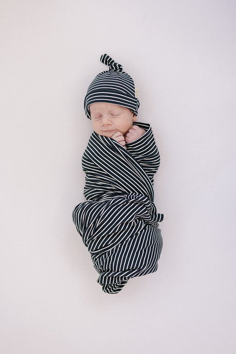 Navy Stripes Ribbed Bamboo Stretch Swaddle - HoneyBug 