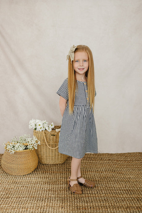 Navy Gingham Linen Cotton Dress - HoneyBug 