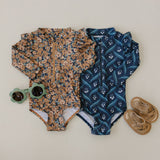 Venetian Floral Long Sleeve Ruffle Zipper One-Piece - HoneyBug 