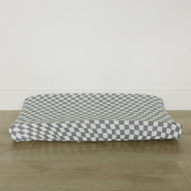 Dusty Blue Wavy Checkered Muslin Changing Pad Cover - HoneyBug 