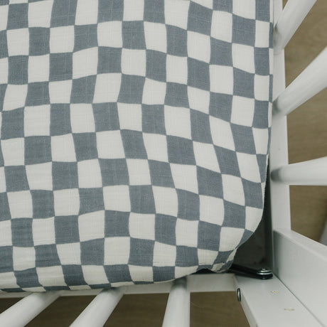 Dusty Blue Wavy Checkered Muslin Crib Sheet - HoneyBug 