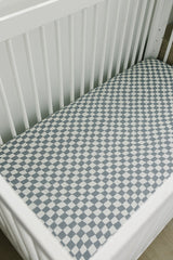 Dusty Blue Wavy Checkered Muslin Crib Sheet - HoneyBug 