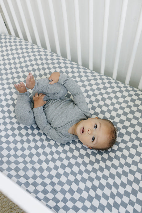 Dusty Blue Wavy Checkered Muslin Crib Sheet - HoneyBug 