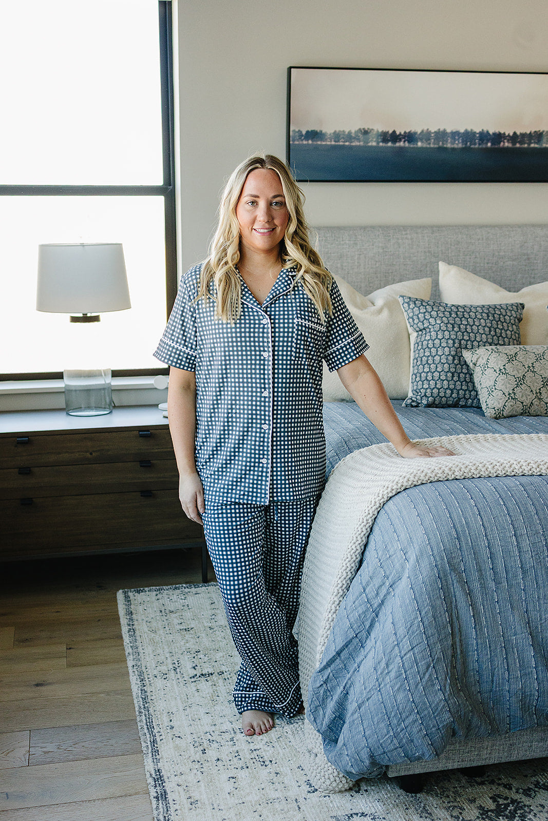 Women's Navy Gingham Pajama Set - HoneyBug 