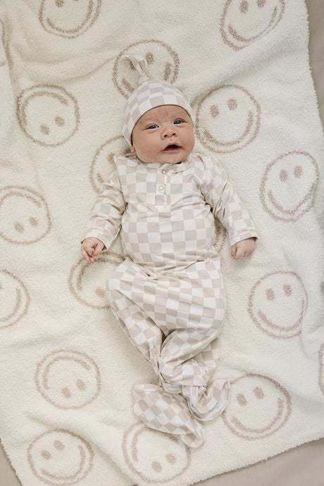 Taupe Checkered Bamboo Newborn Knot Hat - HoneyBug 
