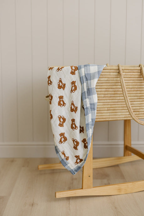 Dusty Blue Gingham + Teddy Bear Muslin Quilt - HoneyBug 