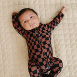 Bamboo Zip Romper | Chocolate Wavy Checkered