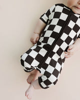 Bamboo Shorty Romper | Black Checkered - HoneyBug 