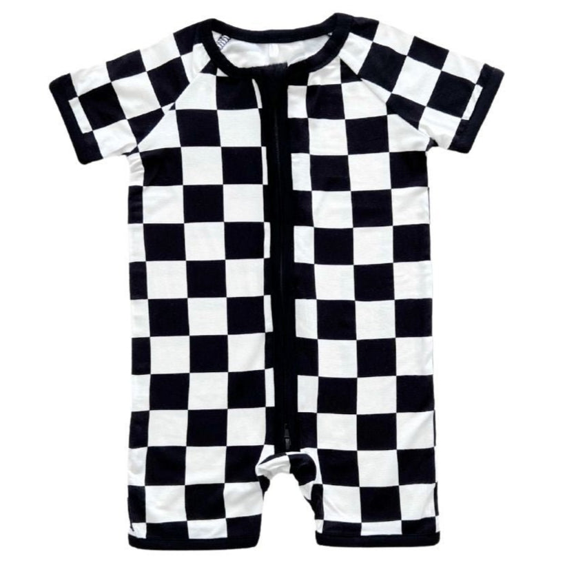 Bamboo Shorty Romper | Black Checkered - HoneyBug 