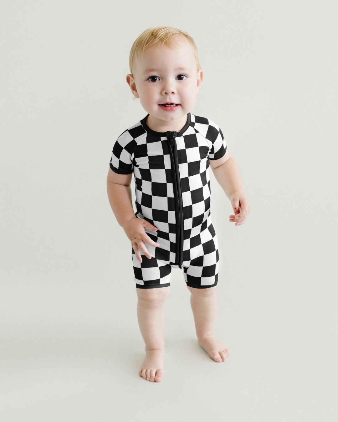 Bamboo Shorty Romper | Black Checkered - HoneyBug 