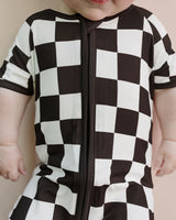 Bamboo Shorty Romper | Black Checkered - HoneyBug 