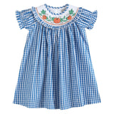 Blue Gingham Pumpkin Smocked Ruffle Bishop Dress