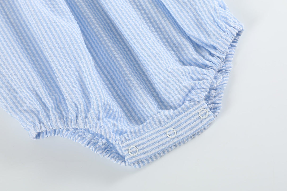 Blue Seersucker Bow Smocked Flutter Romper