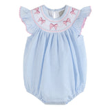 Blue Seersucker Bow Smocked Flutter Romper