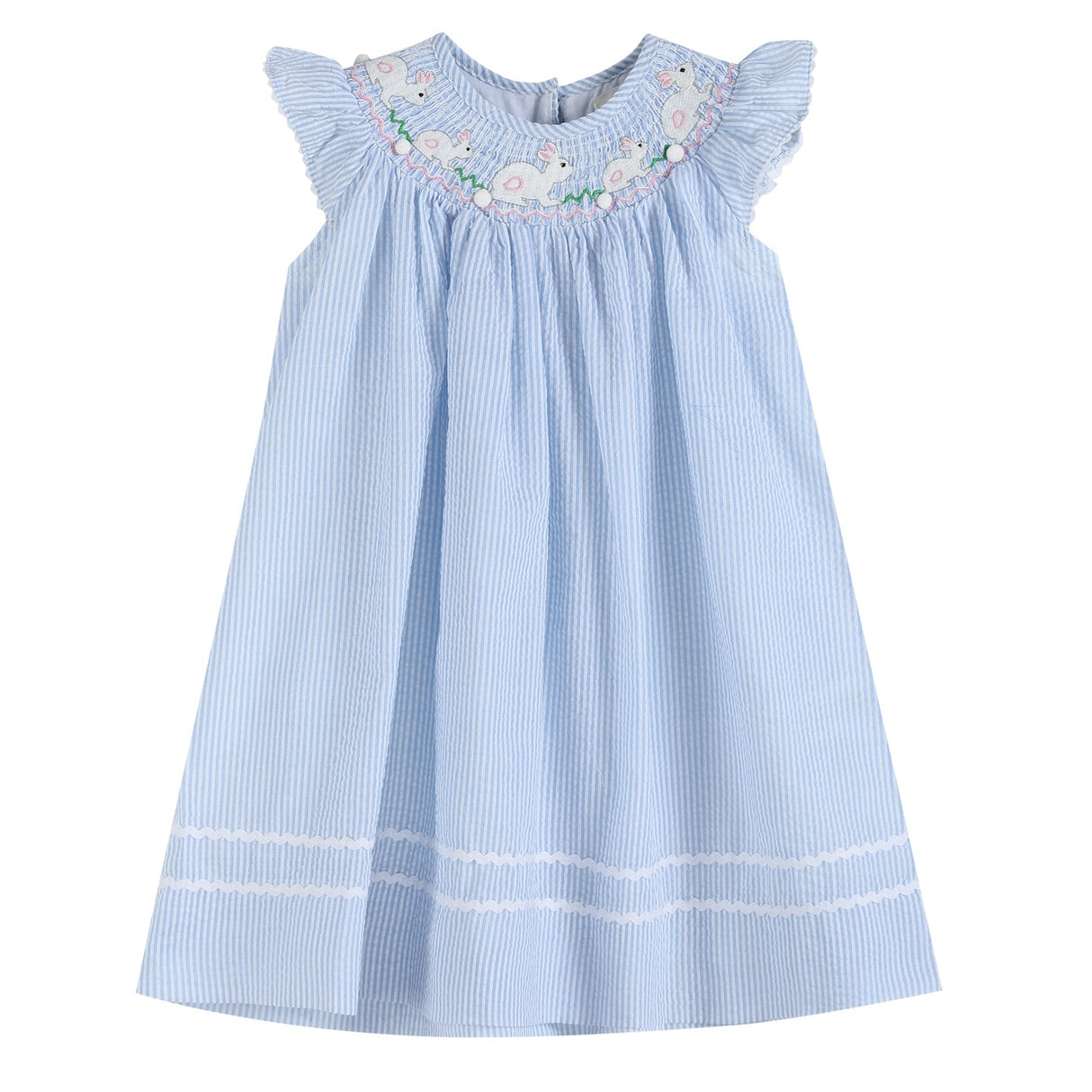 Blue Seersucker Easter Bunny Smocked Bishop Dress