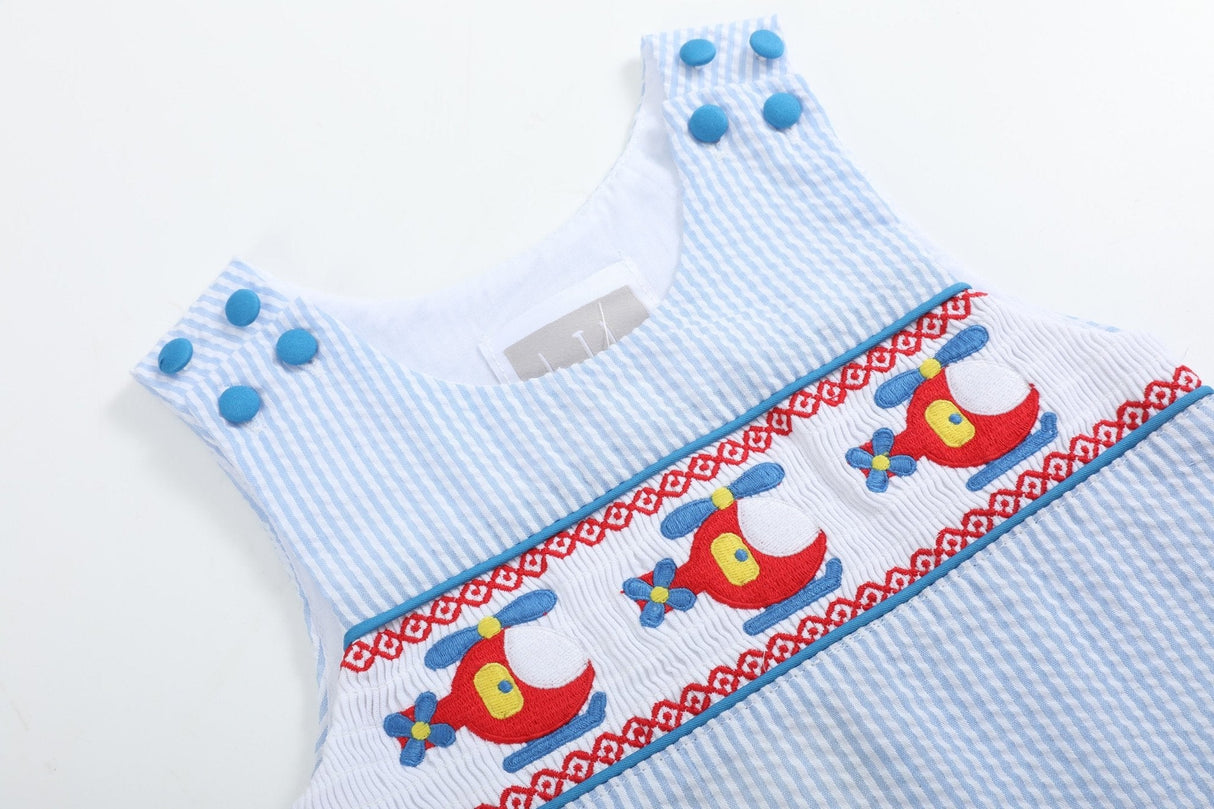 Blue Seersucker Helicopter Smocked Shortalls