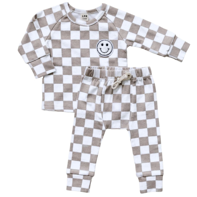 Checkered Smiley Lounge Set | Latte - HoneyBug 