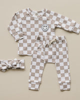Checkered Smiley Lounge Set | Latte - HoneyBug 