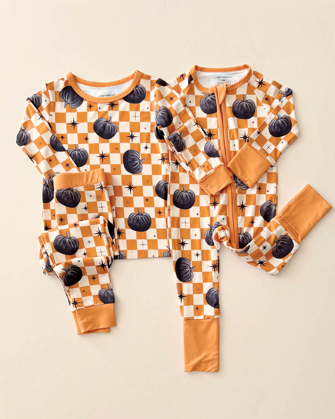 Bamboo Zip Romper | Checkered Pumpkin - HoneyBug 