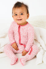 Soft & Stretchy Zipper Footie - Coral Dots - HoneyBug 