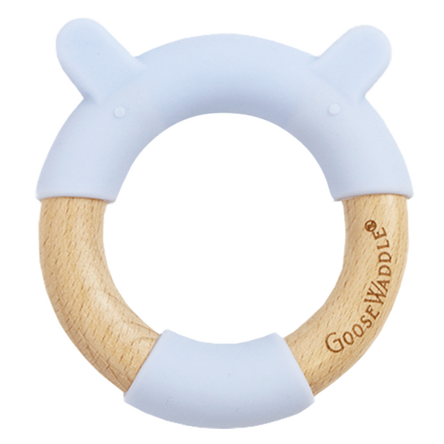 Blue Bear Circle Bear Head Teether Silicone + Wood Teether - HoneyBug 