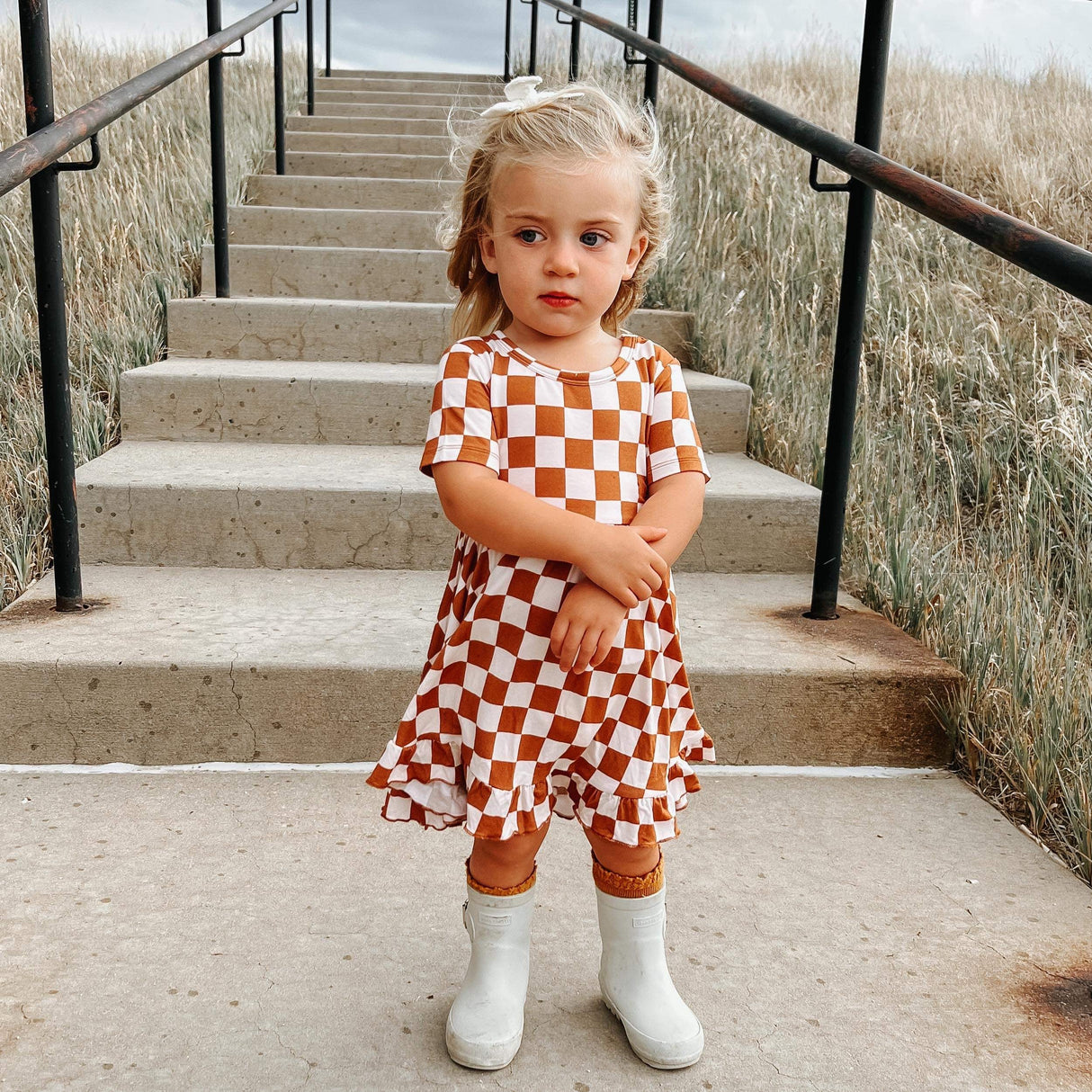 COPPER CHECKERS DREAM RUFFLE DRESS - HoneyBug 