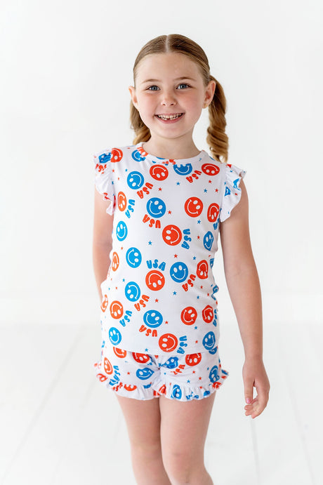 USA Happy Face Ruffle Short Set - HoneyBug 
