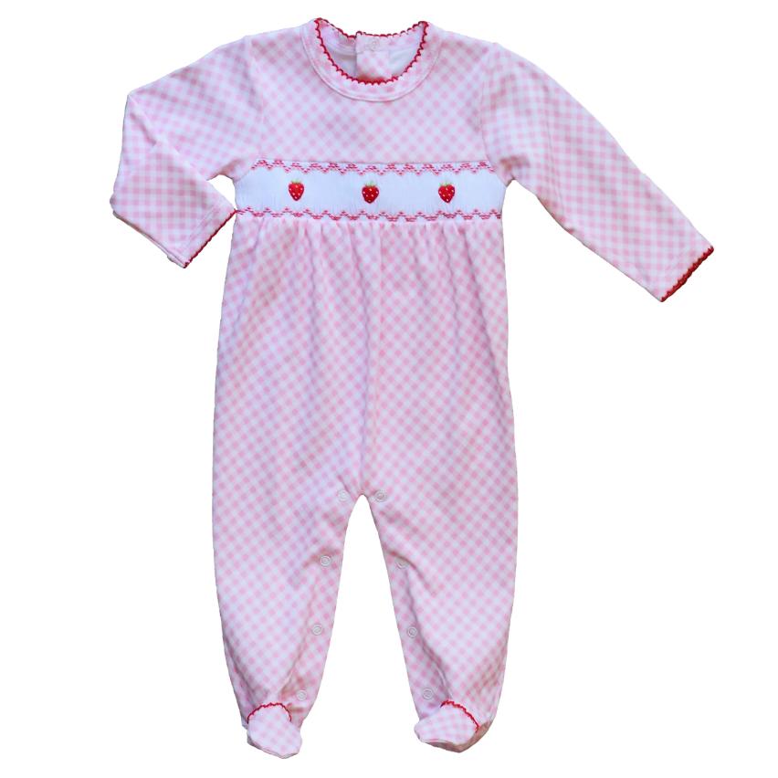 Pink Gingham Strawberry Smocked Footie