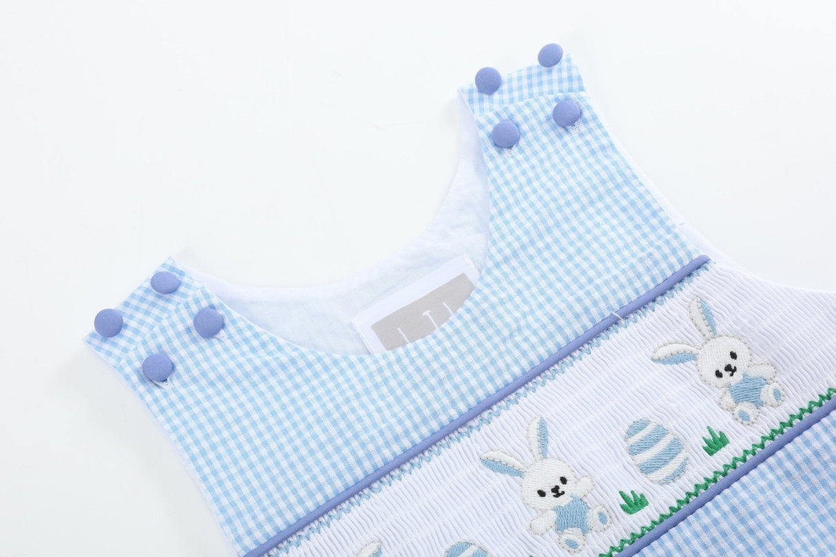 Light Blue Gingham Easter Egg and Bunnies Smocked Shortall