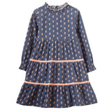 Girls' Long Sleeves Tiered Skirt Dress with Velvet Trim | Orange Floral - HoneyBug 