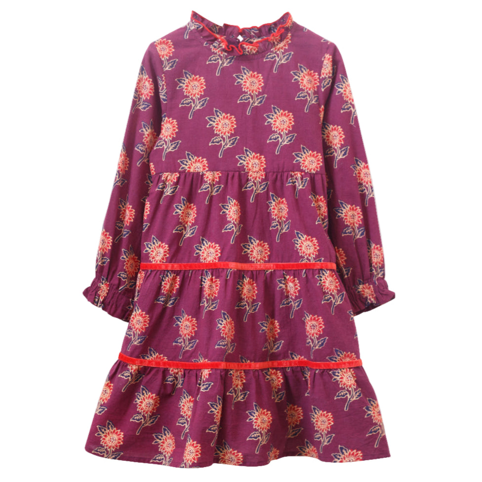 Girls' Long Sleeves Tiered Skirt Dress with Velvet Trim | Purple and Red - HoneyBug 