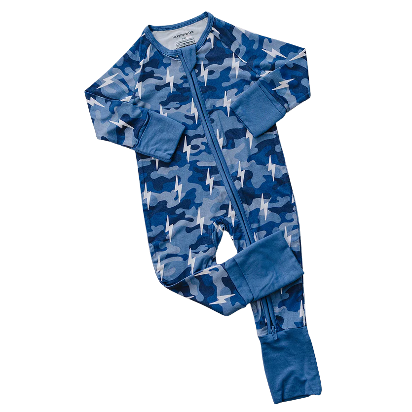 Bamboo Zip Romper | Blue Camo Bolts
