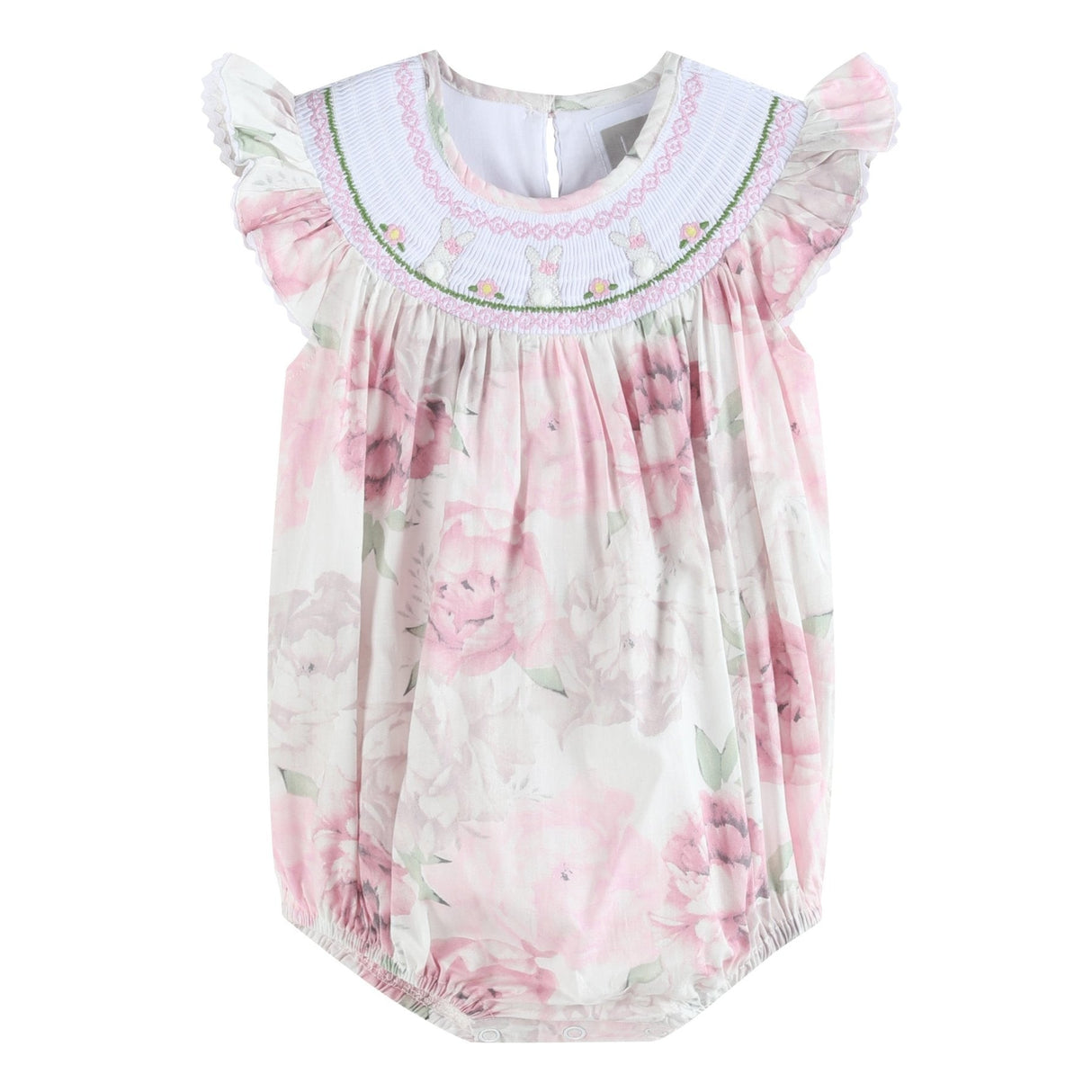 Pink and White Peony Bunny Smocked Flutter Romper
