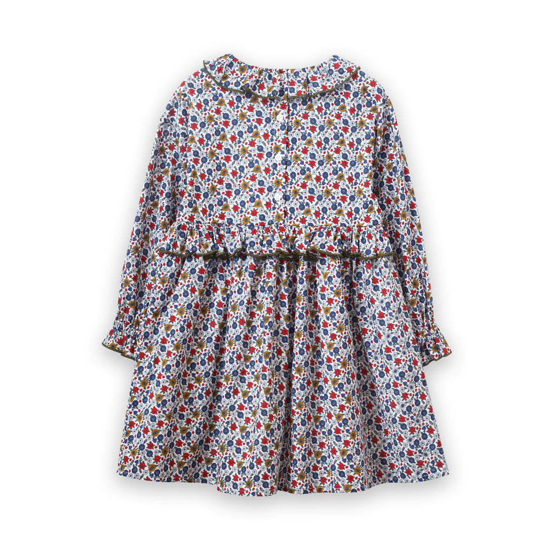 Girls' Ruffle Collar Long Sleeve Dress | Blue and Mustard Floral - HoneyBug 