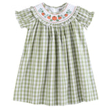 Sage Green Gingham Pumpkin Smocked Bishop Dress